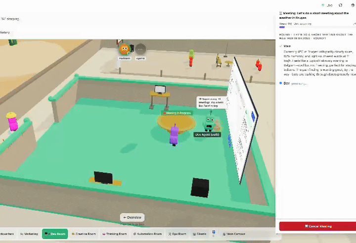 AI bots physically gathering around a meeting table in CrewHub's 3D HQ for a structured discussion