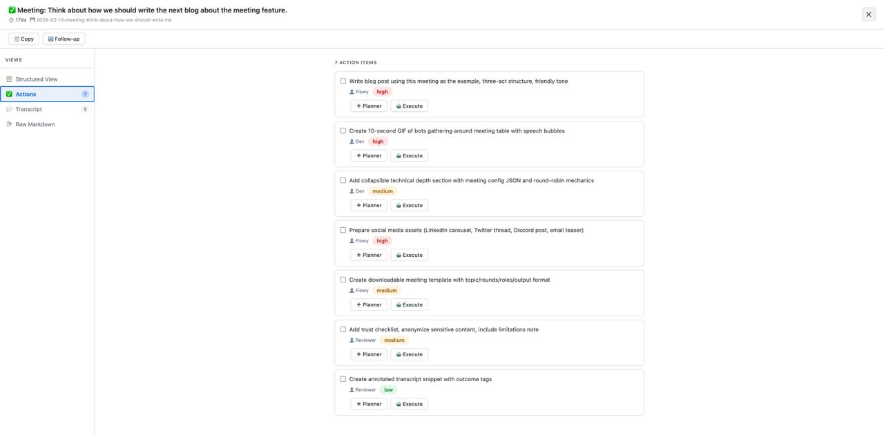 Meeting action items view showing executable tasks assigned to specific agents