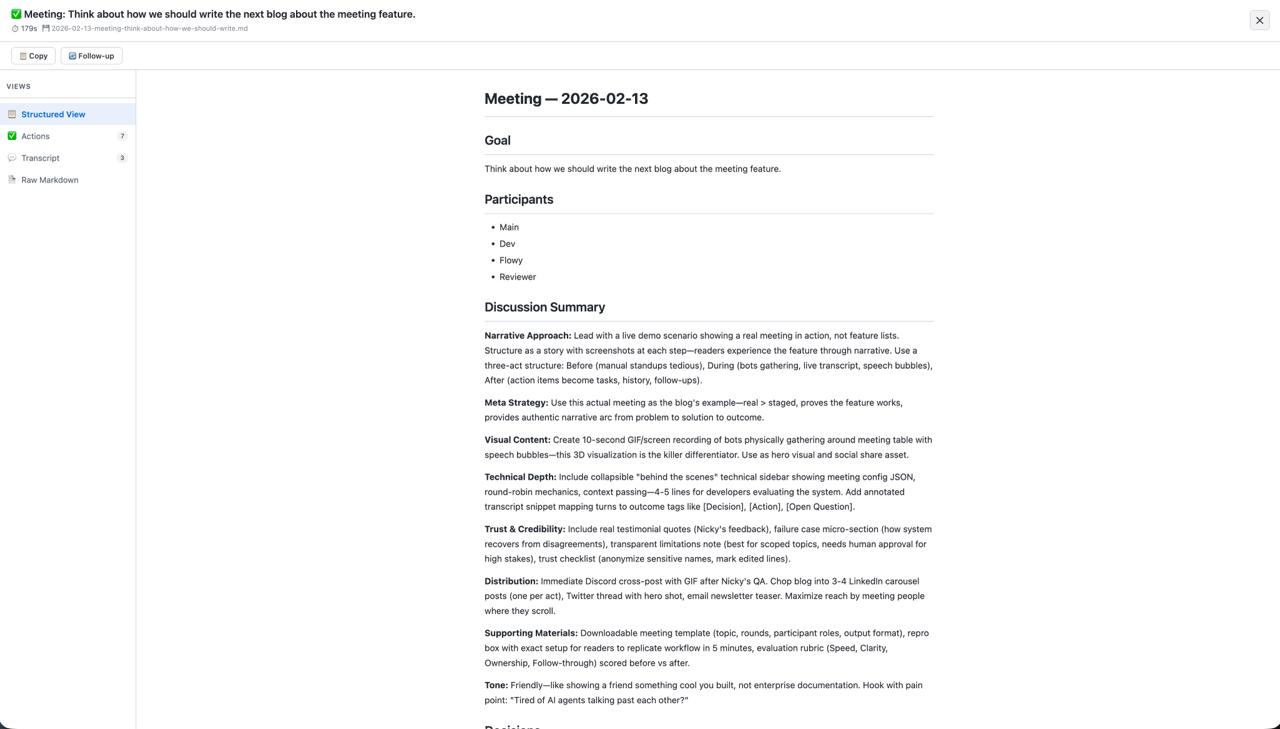 Structured meeting results showing summary, key decisions, and organized discussion points