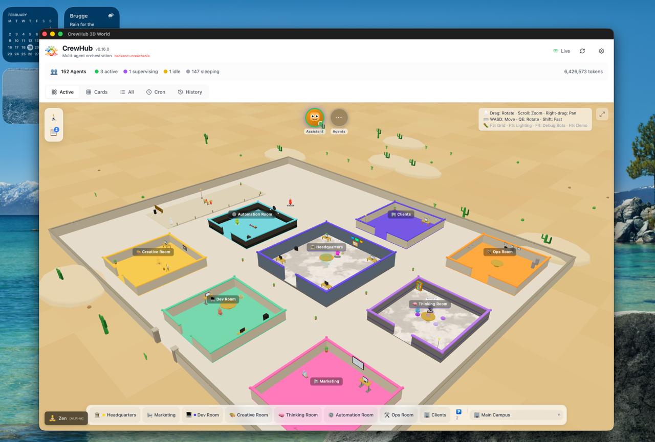 CrewHub 3D World — desert environment with all rooms and agents