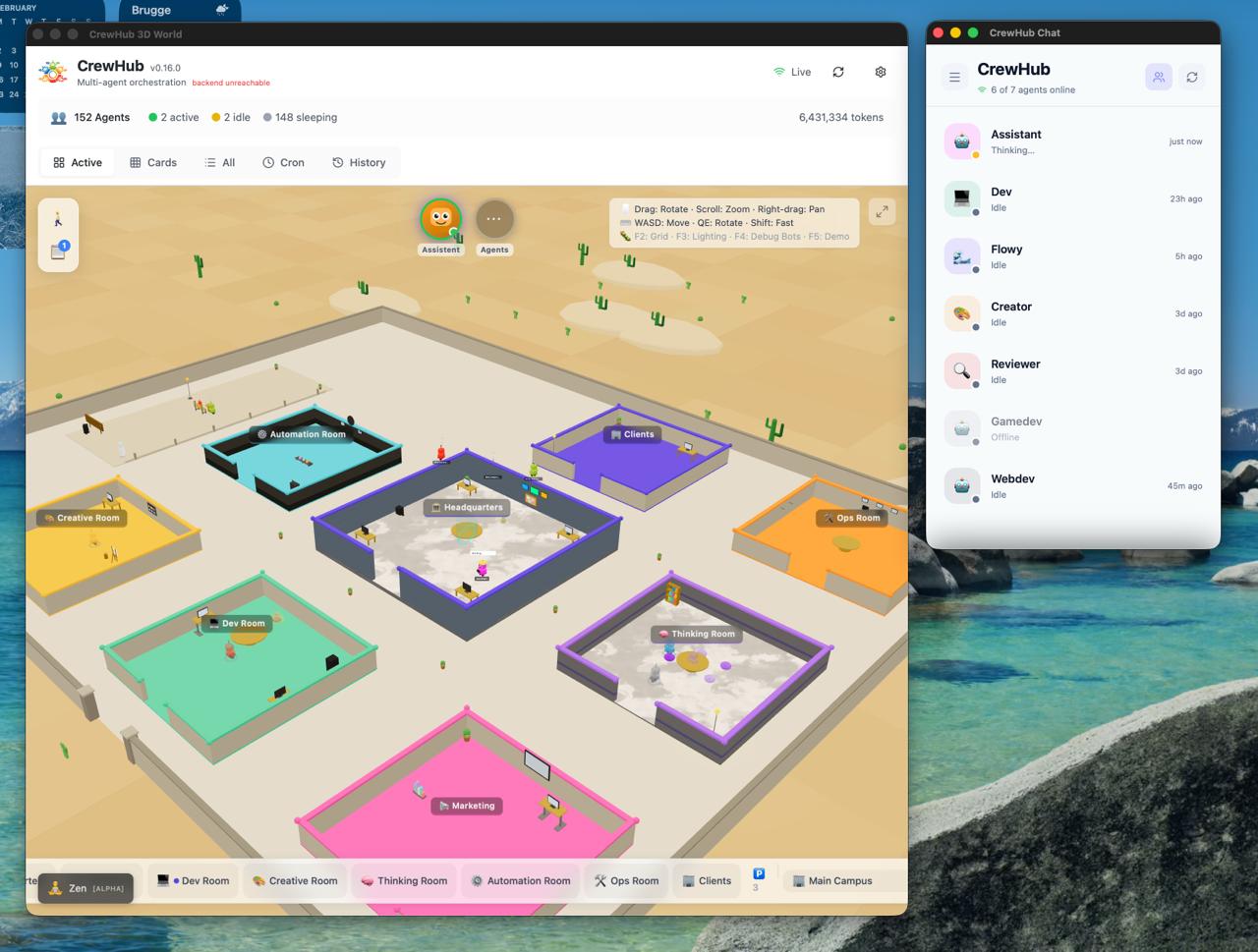 CrewHub desktop — 3D World and Chat windows side by side