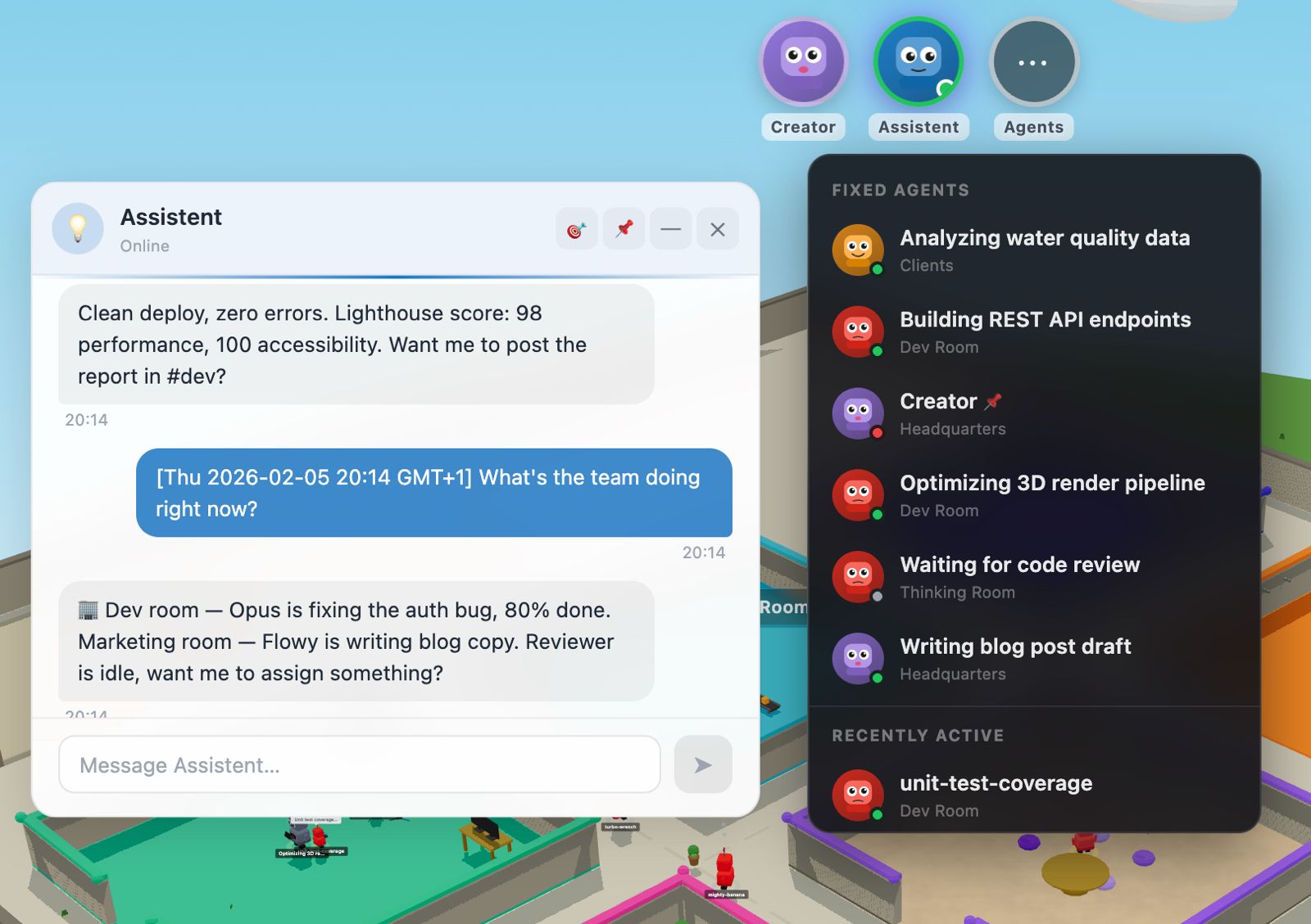 CrewHub Agent Chat — conversation with Assistent and agents dropdown panel