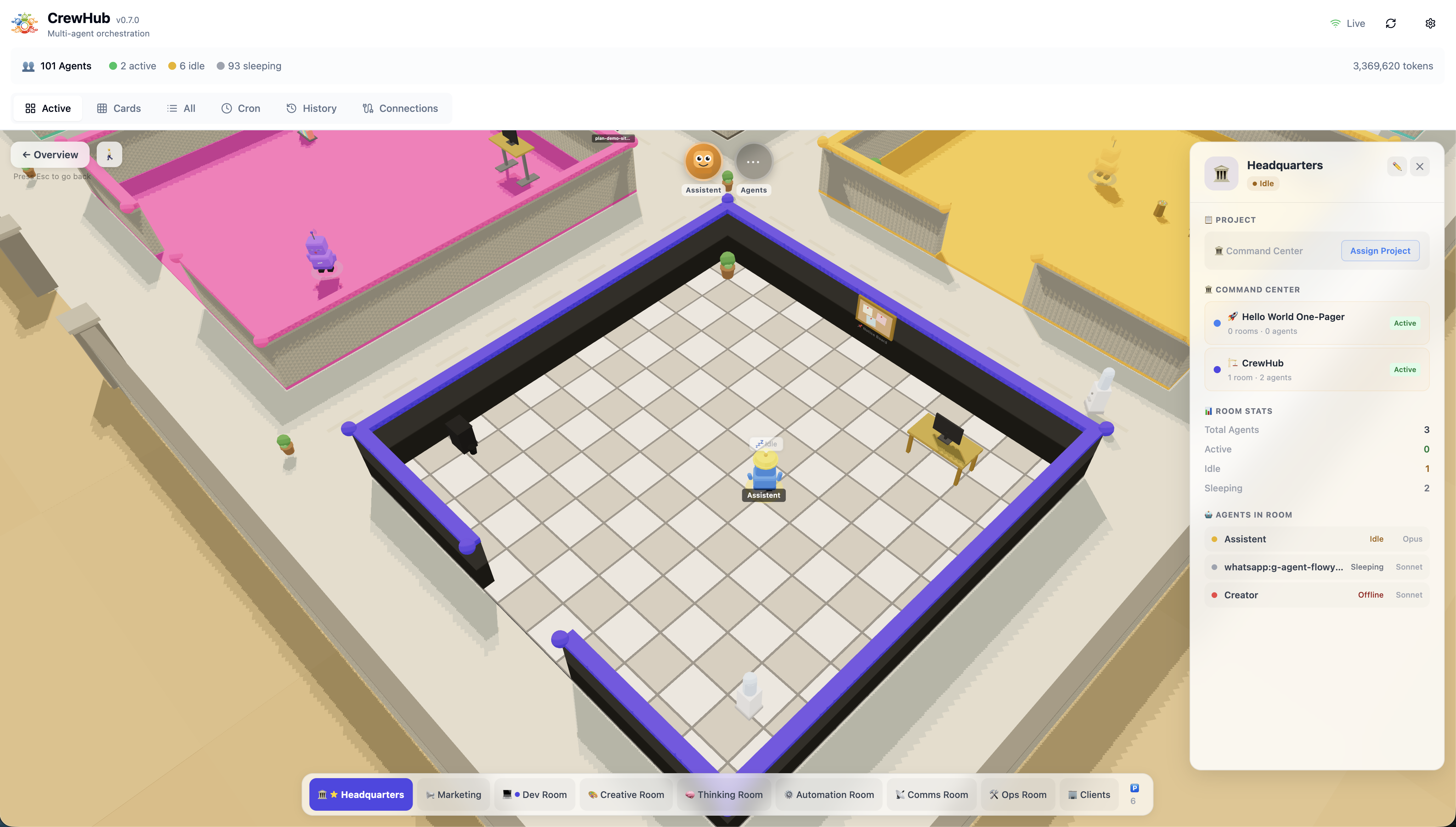 CrewHub HQ Room — command center with project oversight and room info panel
