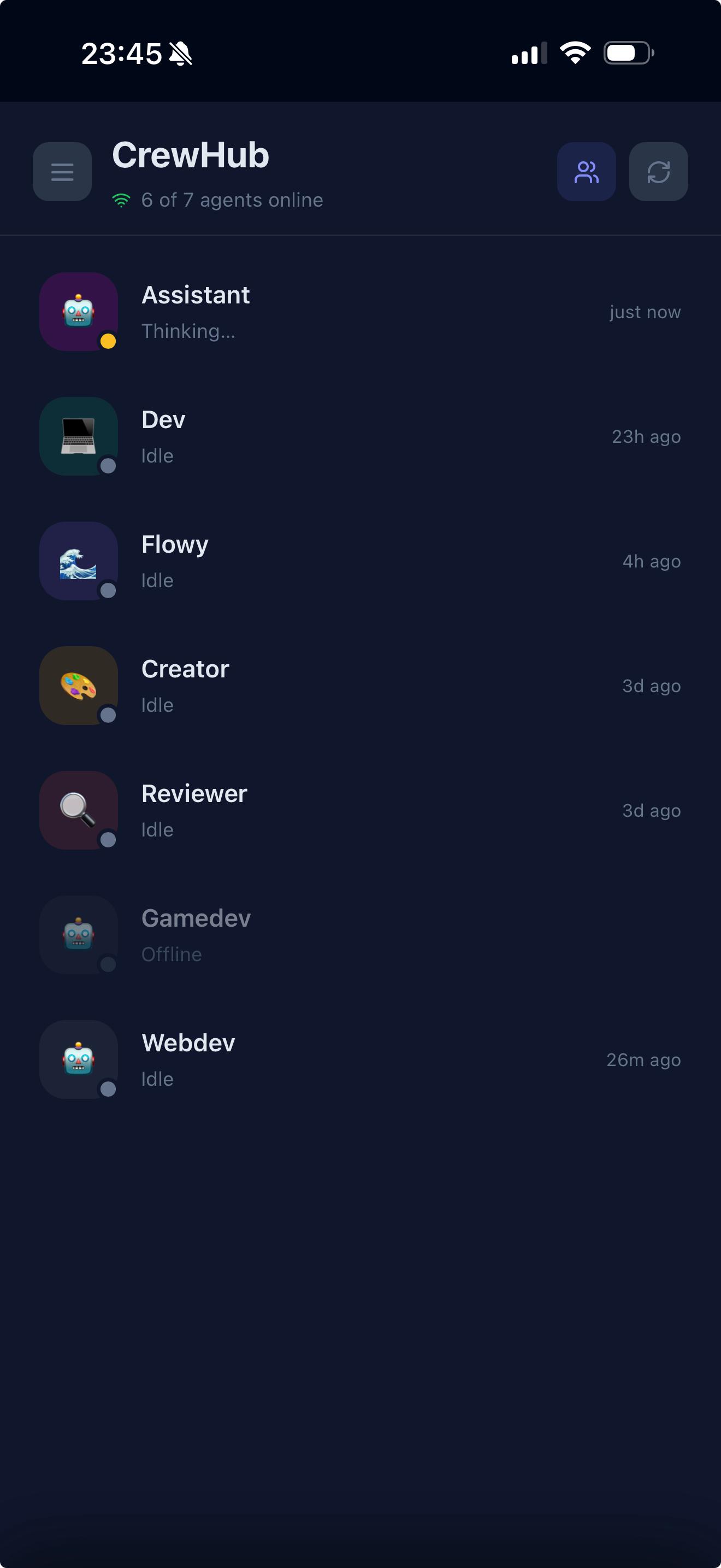 CrewHub mobile agent list