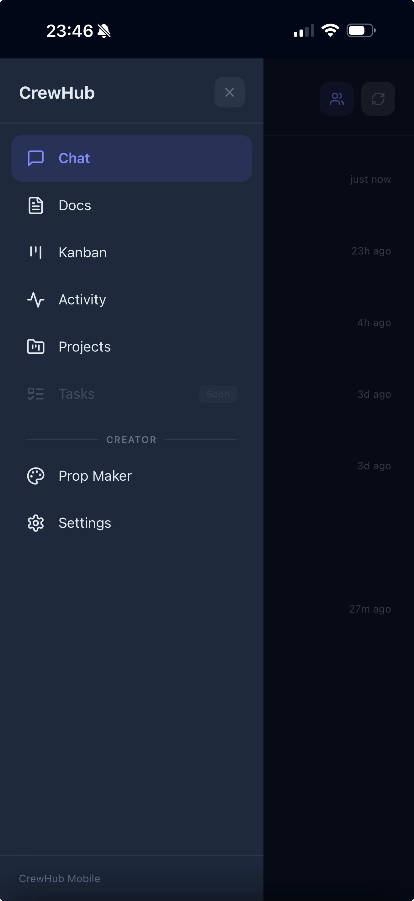 CrewHub mobile hamburger menu