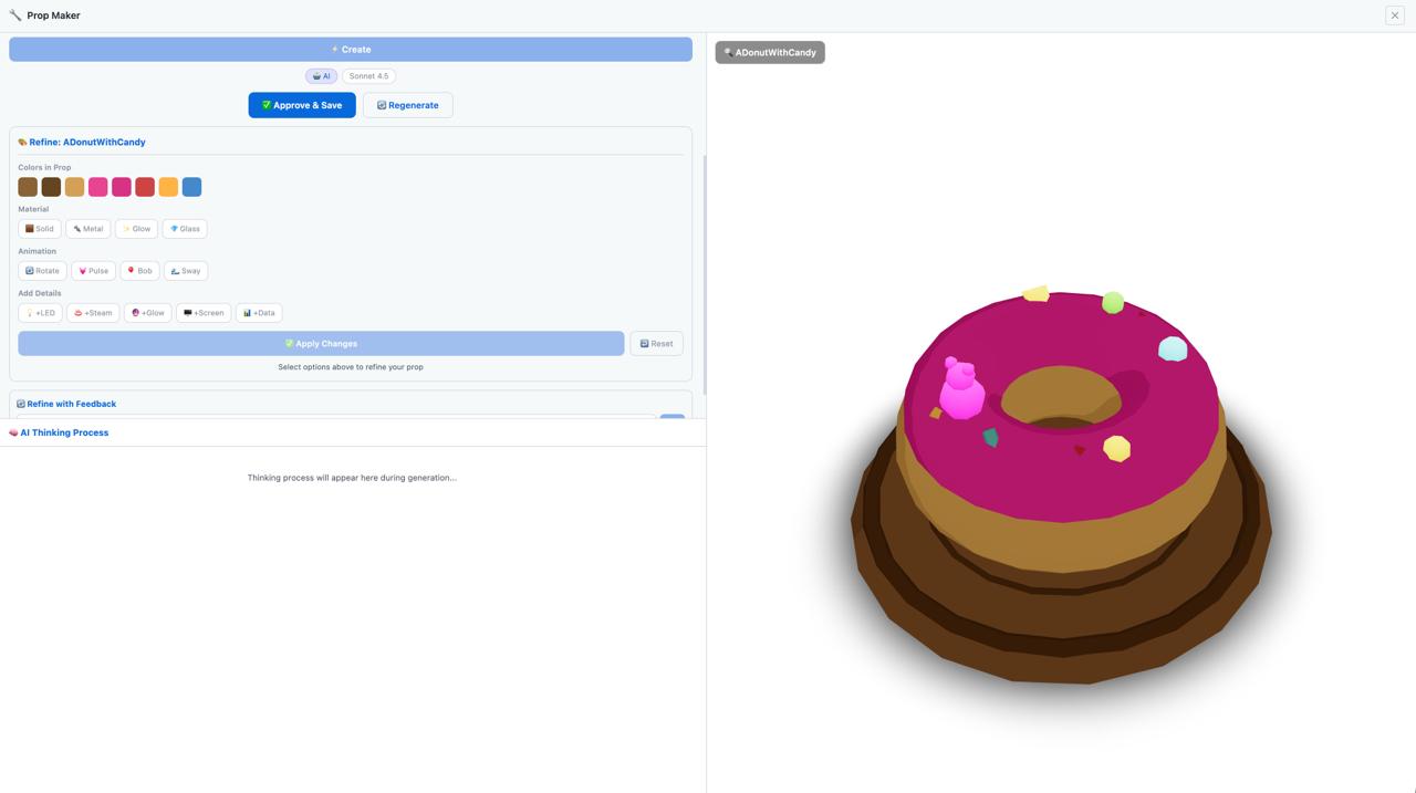 PropMaker interface with AI thinking process, quality scoring, material refinement tools, and live 3D preview