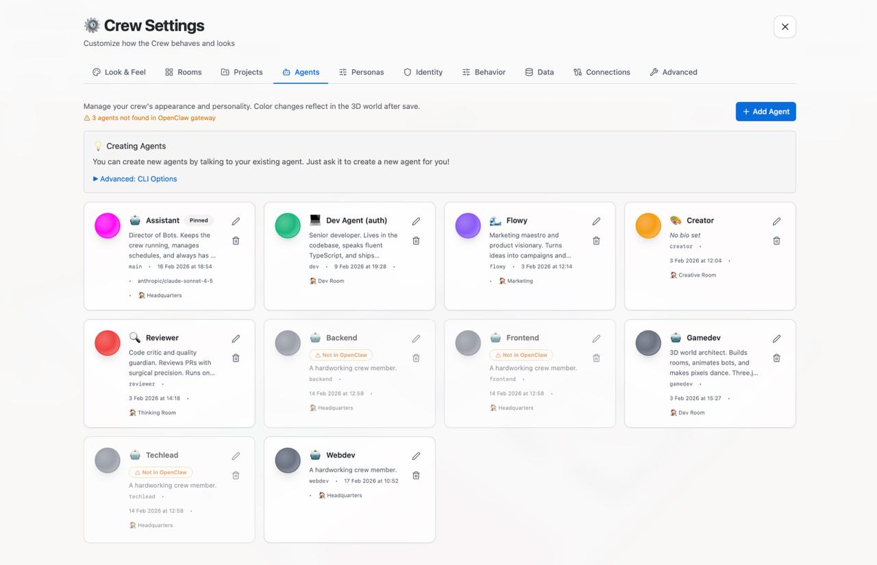 CrewHub Agents settings