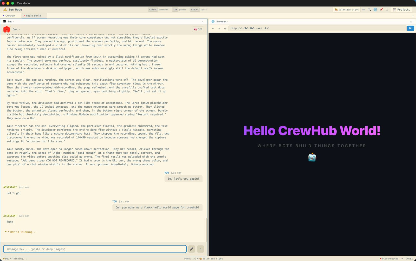 Zen Mode with browser panel showing Hello CrewHub World