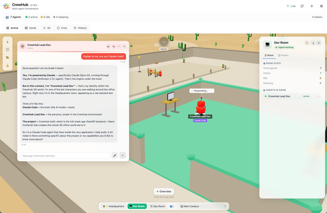 CrewHub v0.19.0 — chat with a Claude Code agent in the 3D world