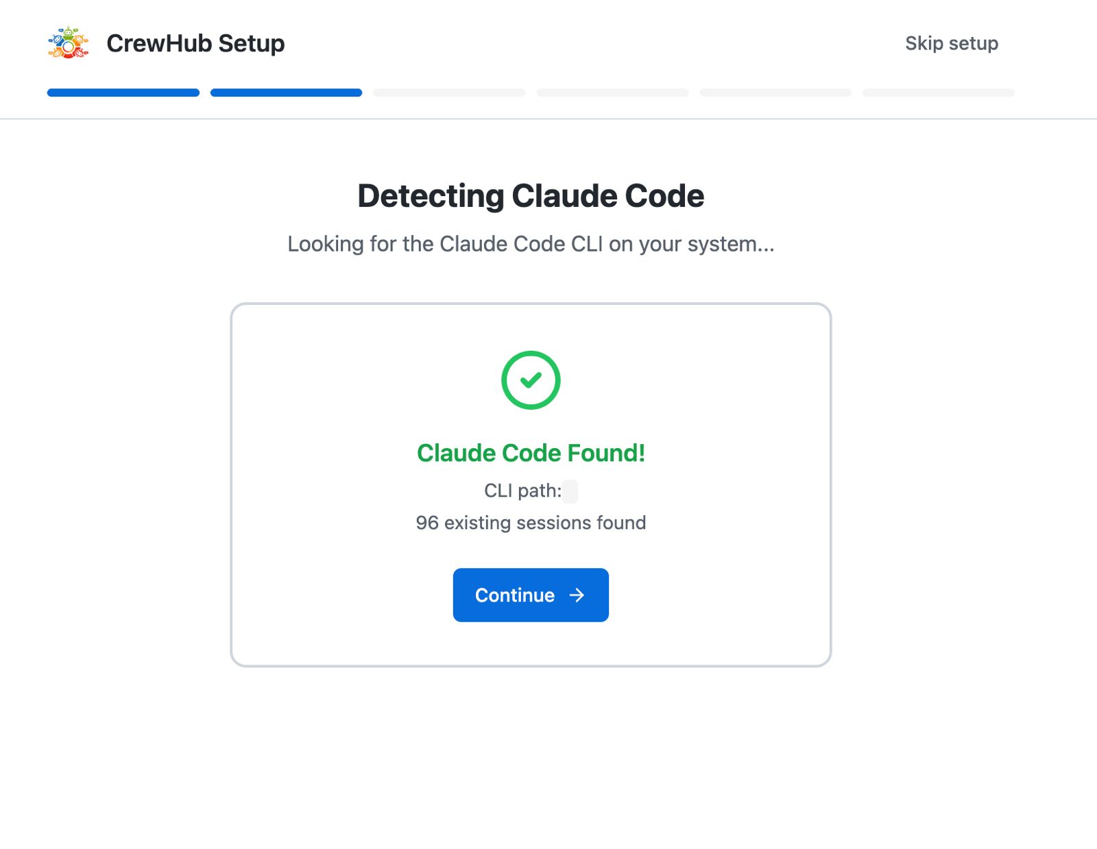 CrewHub onboarding Claude Code detected step