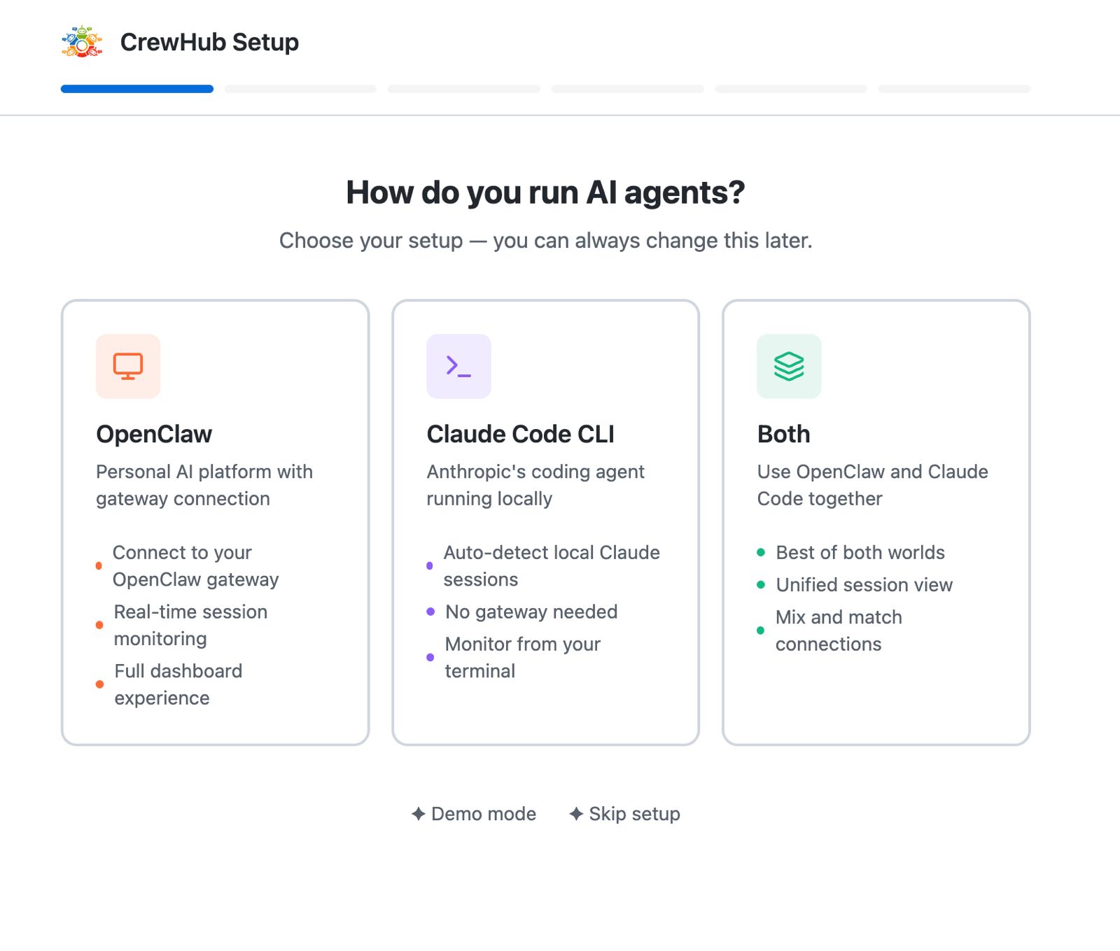 CrewHub onboarding choose your connection mode