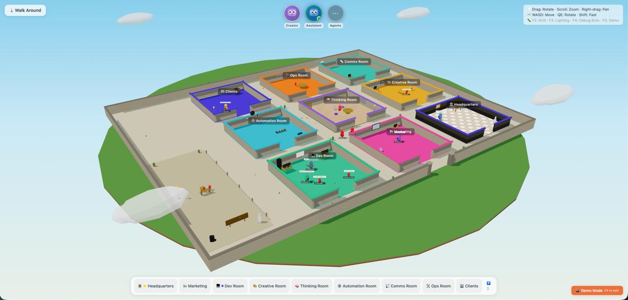 CrewHub 3D World — isometric overview of all rooms on floating island with agents working