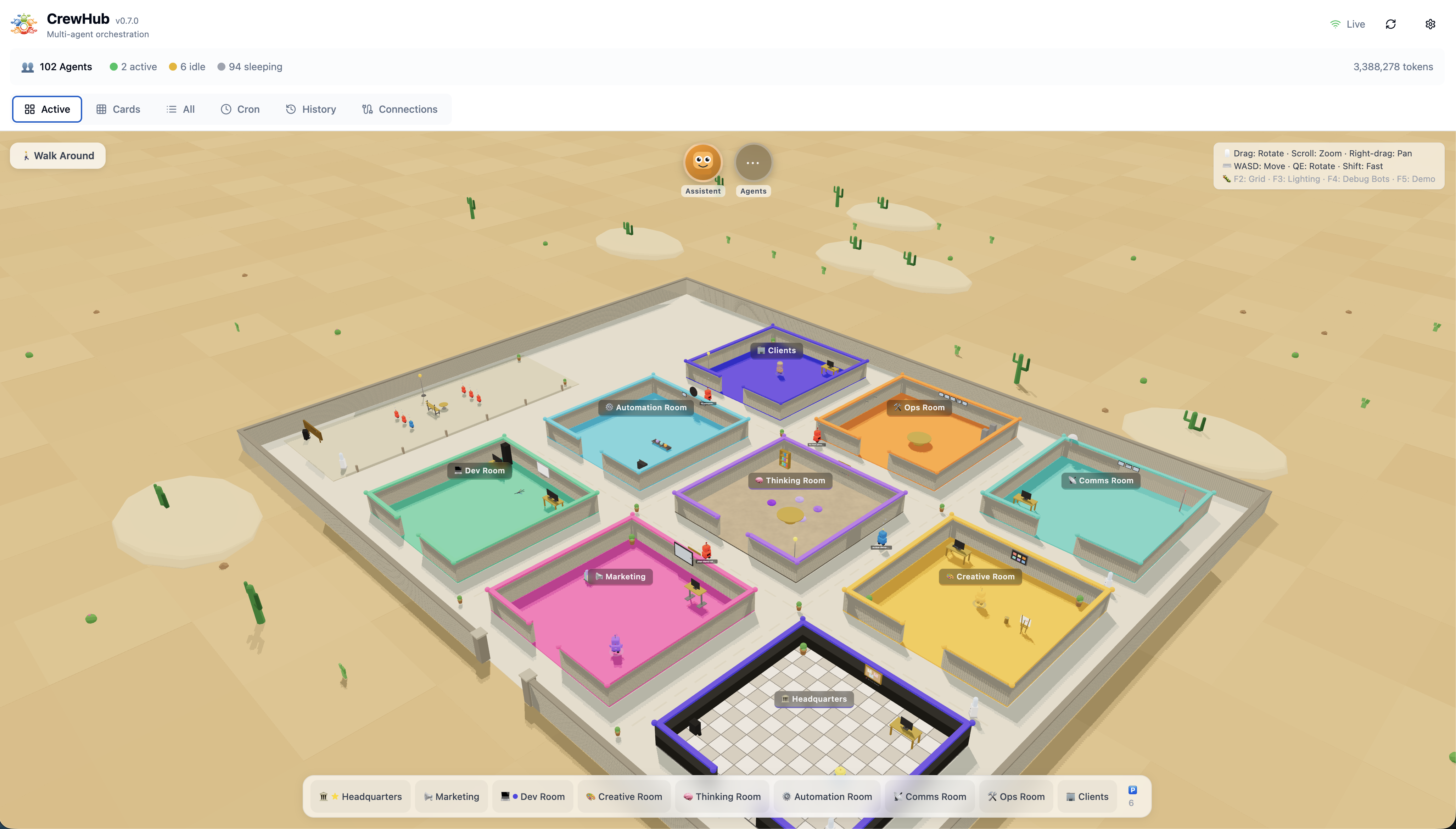 CrewHub 3D world overview — desert environment with 9 rooms and 102 AI agents