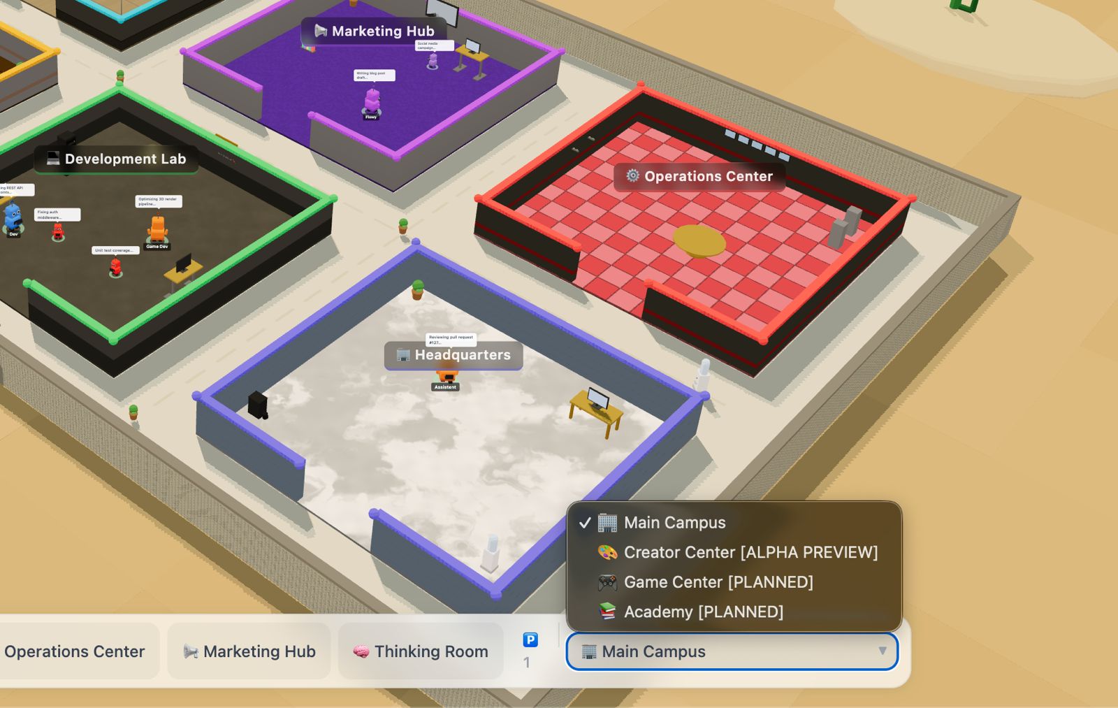CrewHub zones selector showing Main Campus, Creator Center (Alpha Preview), Game Center (Planned), and Academy (Planned)